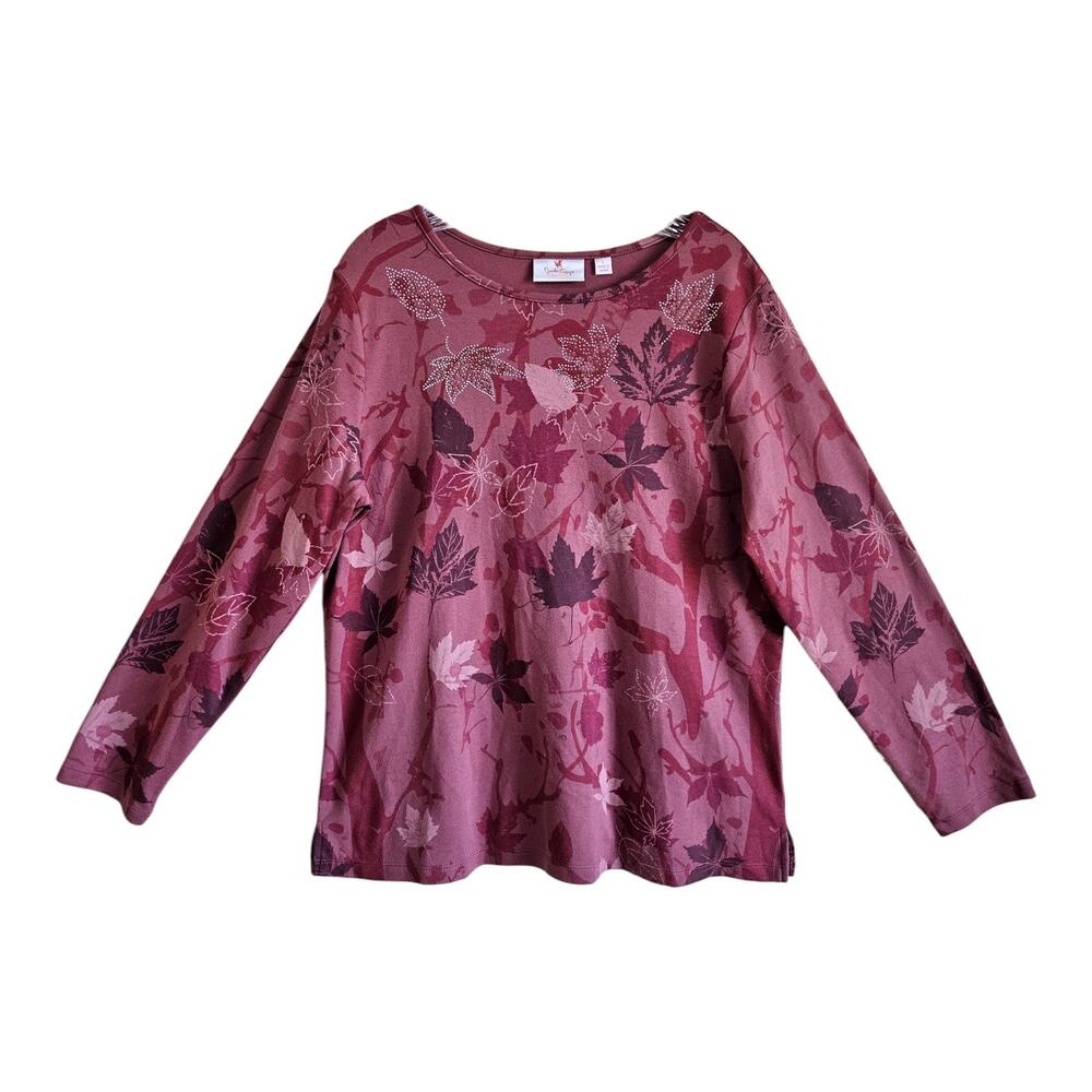 QUACKER FACTOR Women's L Tunic Top Mauve Floral Leaves Beaded Long Sleeve 44"